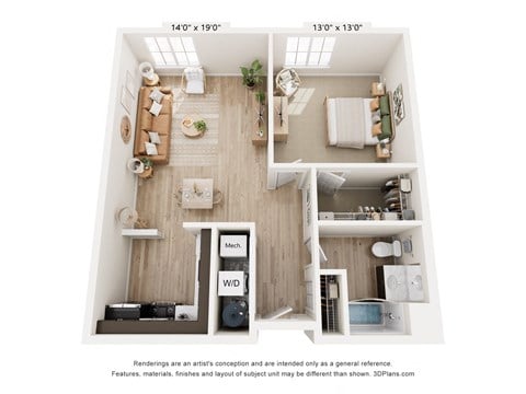Floor plan for 1 bed, 1 bath, 850 sqft